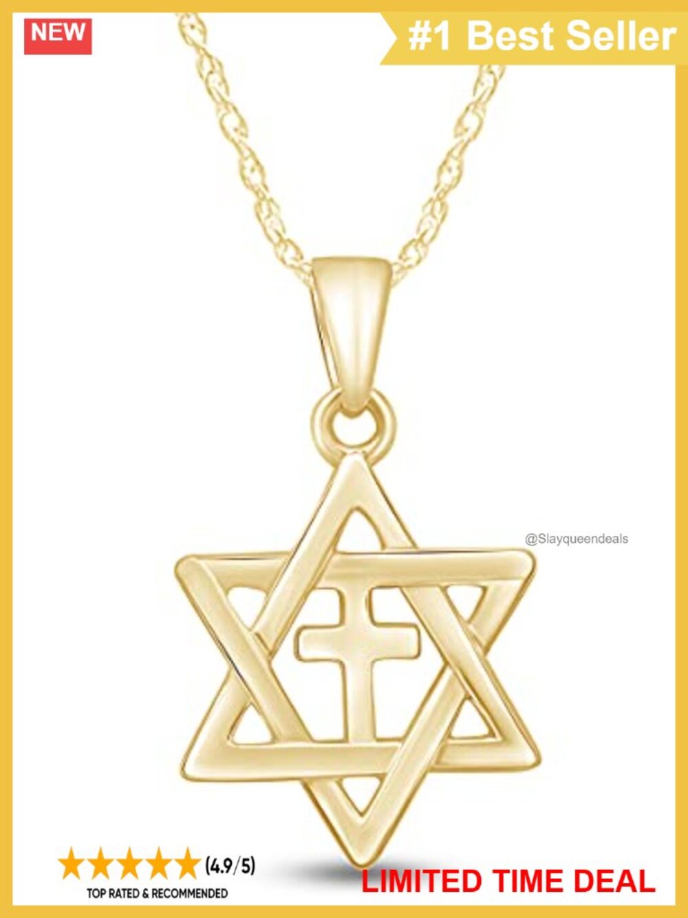Star of David Cross Pendant Necklace 14K Yellow Gold Over 925 Silver 18"